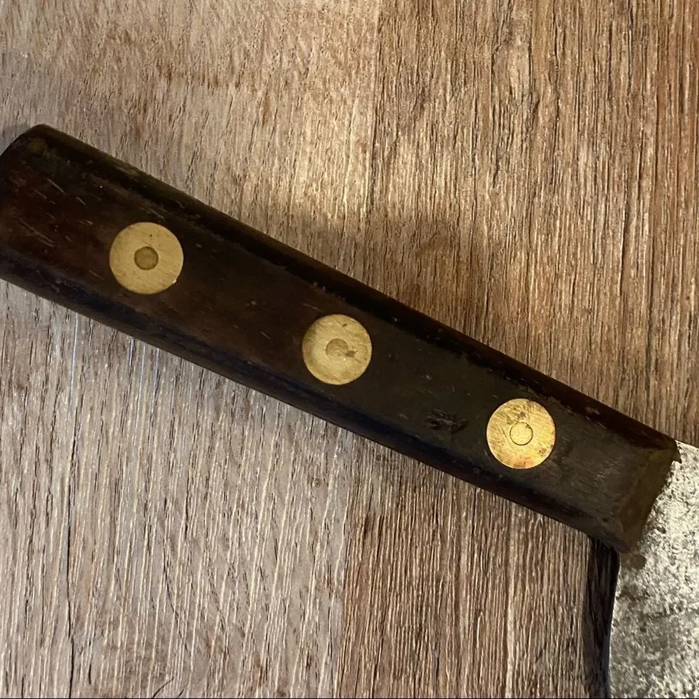 Vintage Antique Meat Cleaver w Wood Handle 3 Brass Pin 12 Inch
